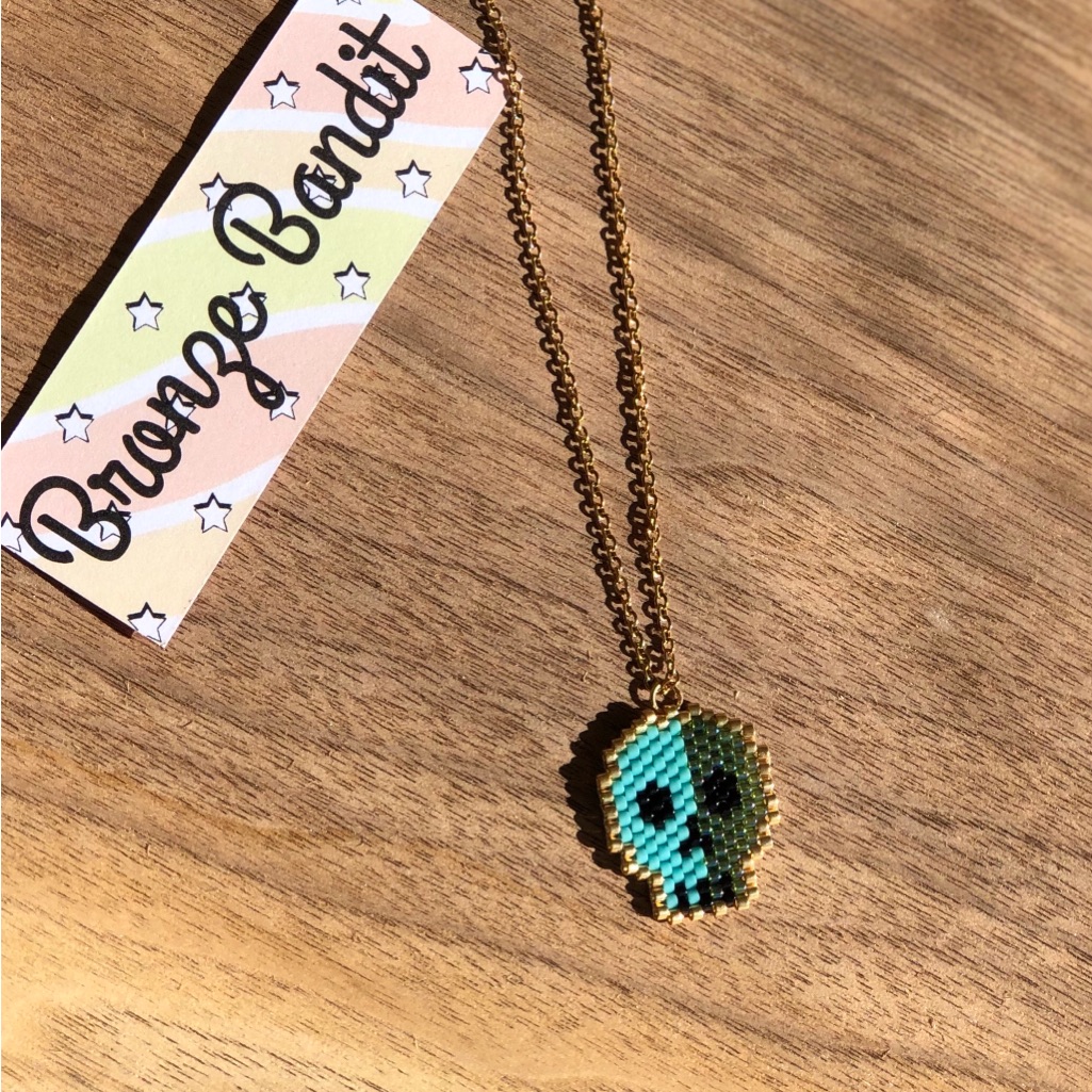 Gold And Green Skull Miyuki Seed Bead Pendant Necklace 18$
